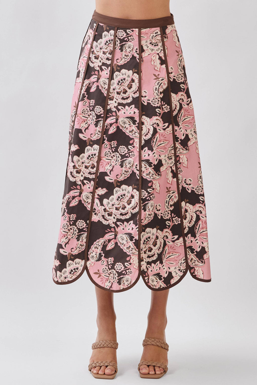 CS4094-Floral Print Saclloped Hem Paneled Midi Skirt