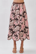 CS4094-Floral Print Saclloped Hem Paneled Midi Skirt