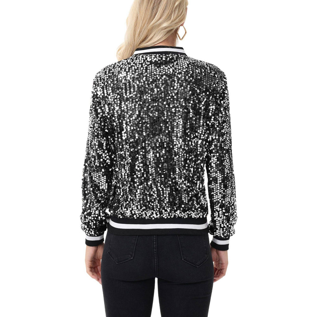 Game Day Sequin Bomber Jacket with Ribbed Trim and Front Zip