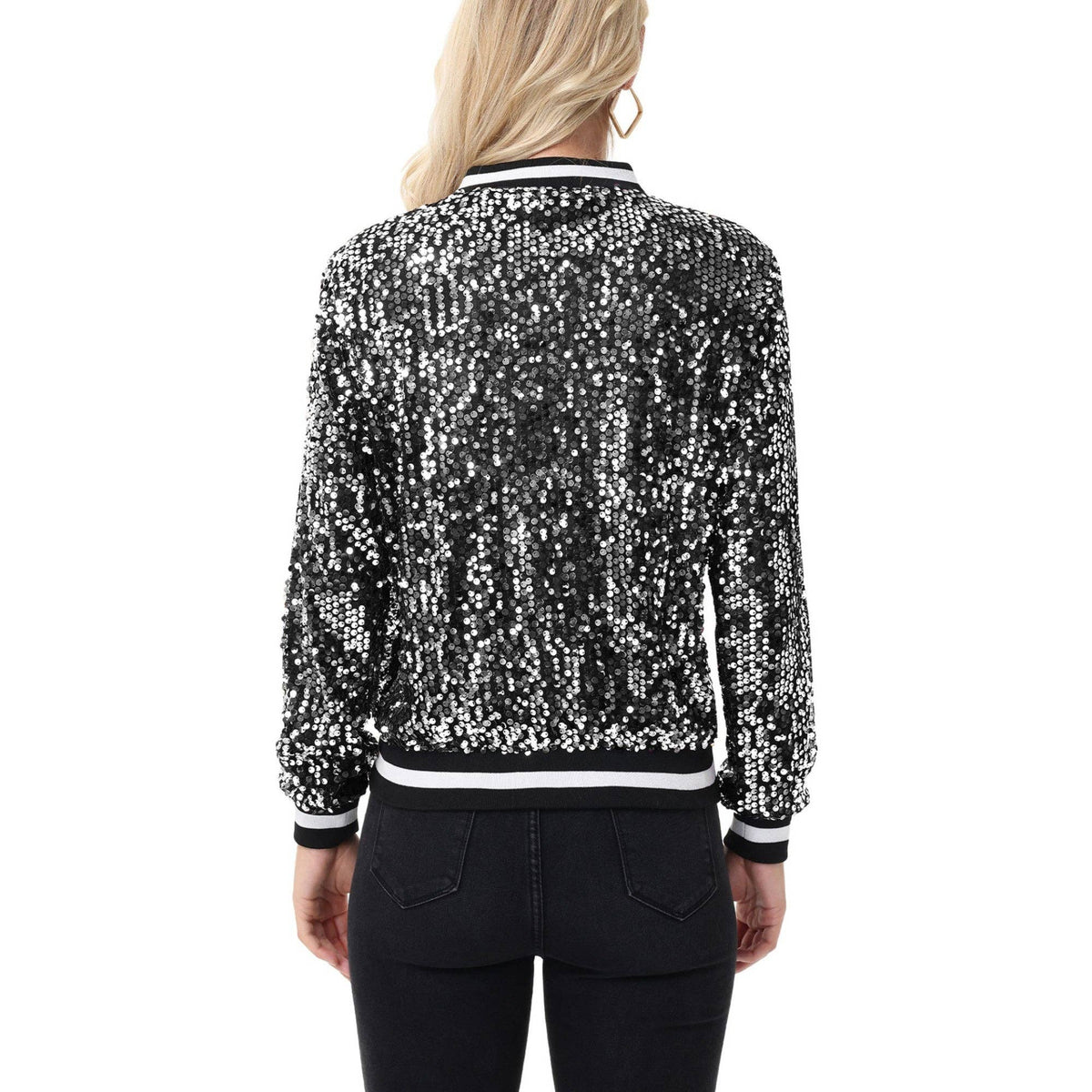 Game Day Sequin Bomber Jacket with Ribbed Trim and Front Zip