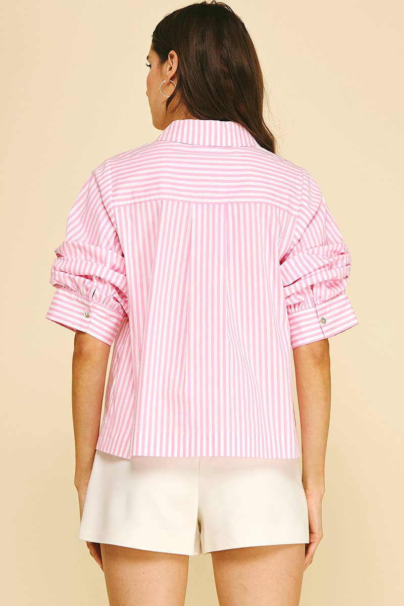 RUCHED SLEEVE STRIPED BUTTON DOWN SHIRT - 7061T