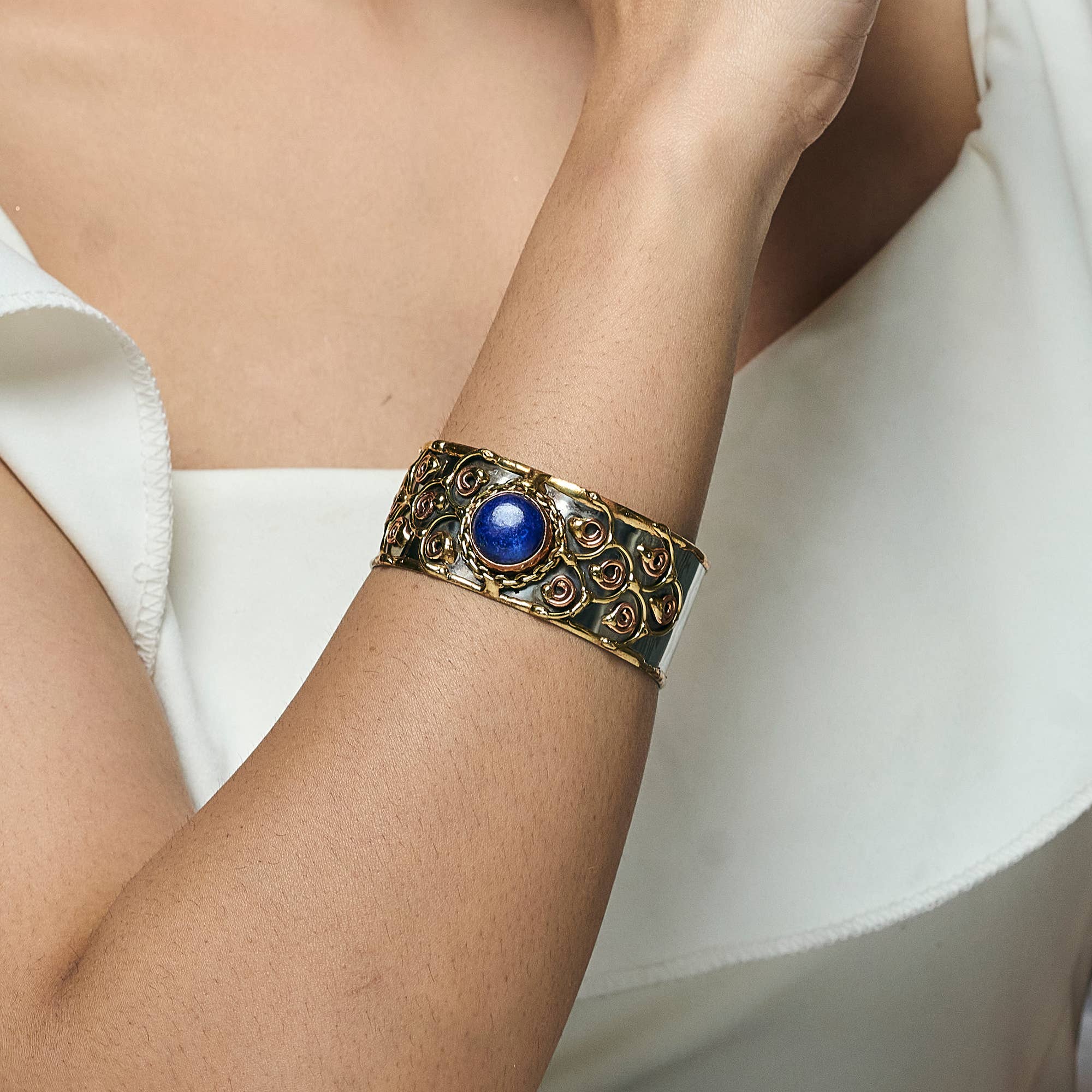 Narrow Mixed Metal Cuff Bracelet - Lapis