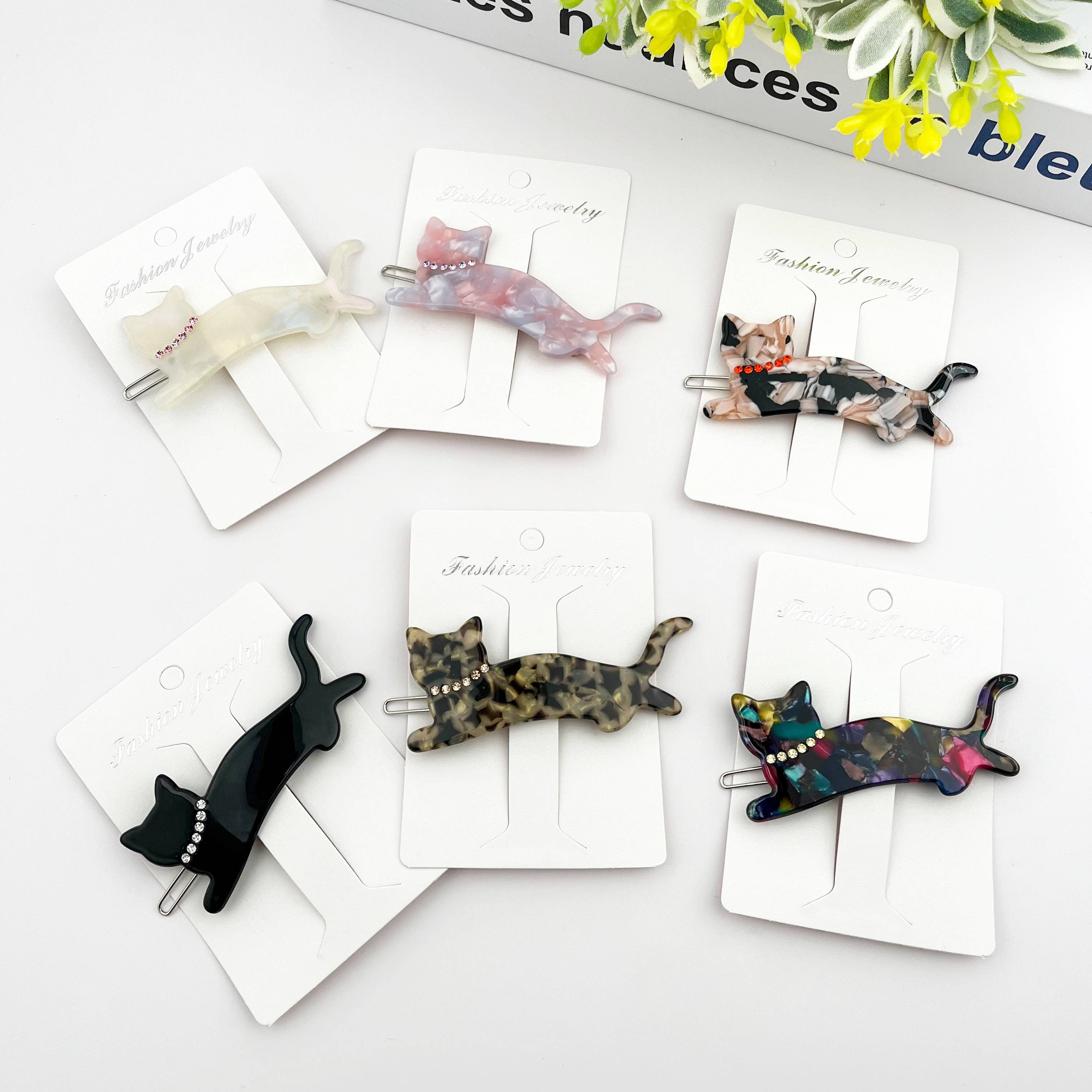 Acetate Crystal Cat Hair Clip, Elegant Rhinestone Side Clip