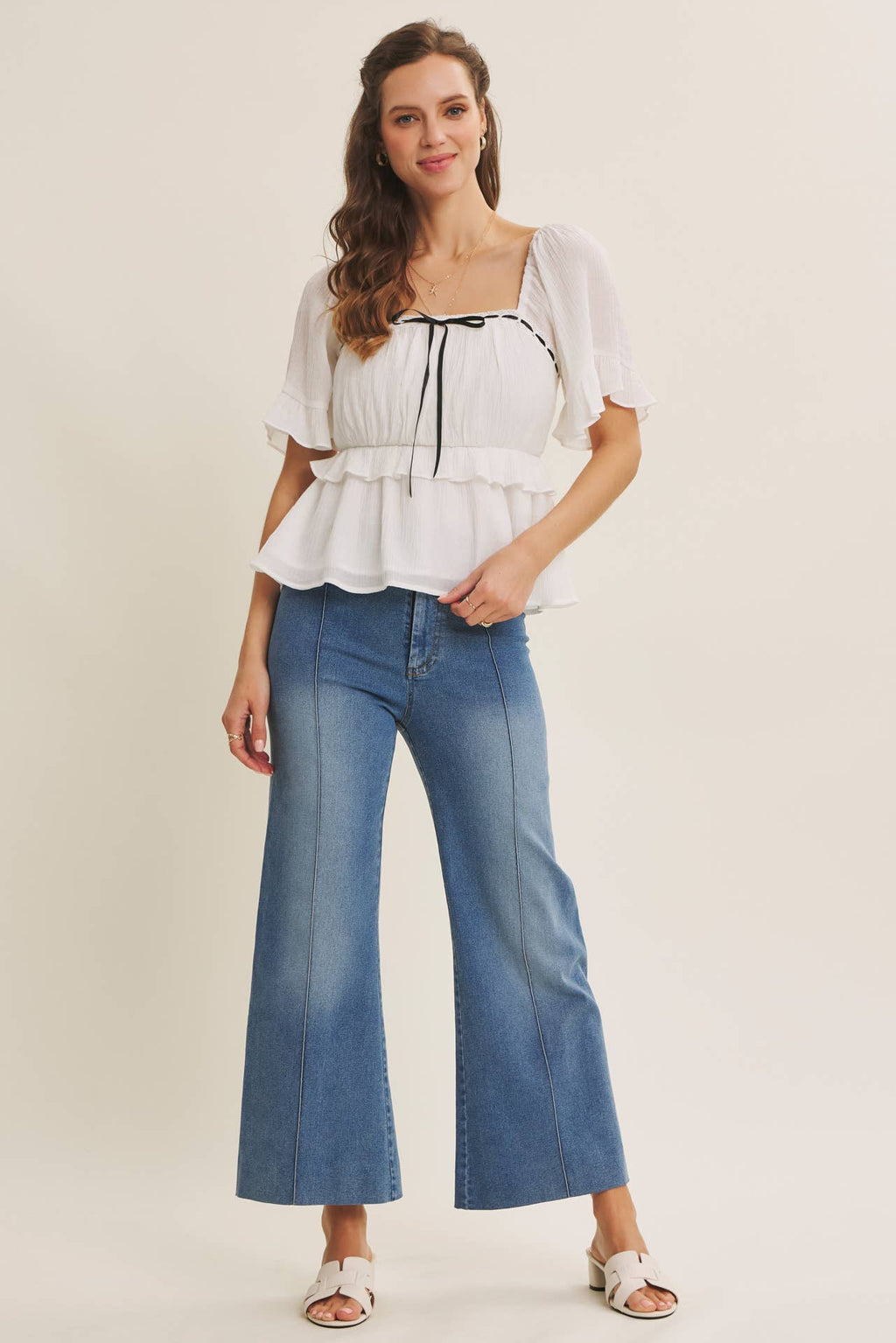 STRETCHY PINTUCK ANKLE LENGTH WIDE-LEG DENIM PANTS