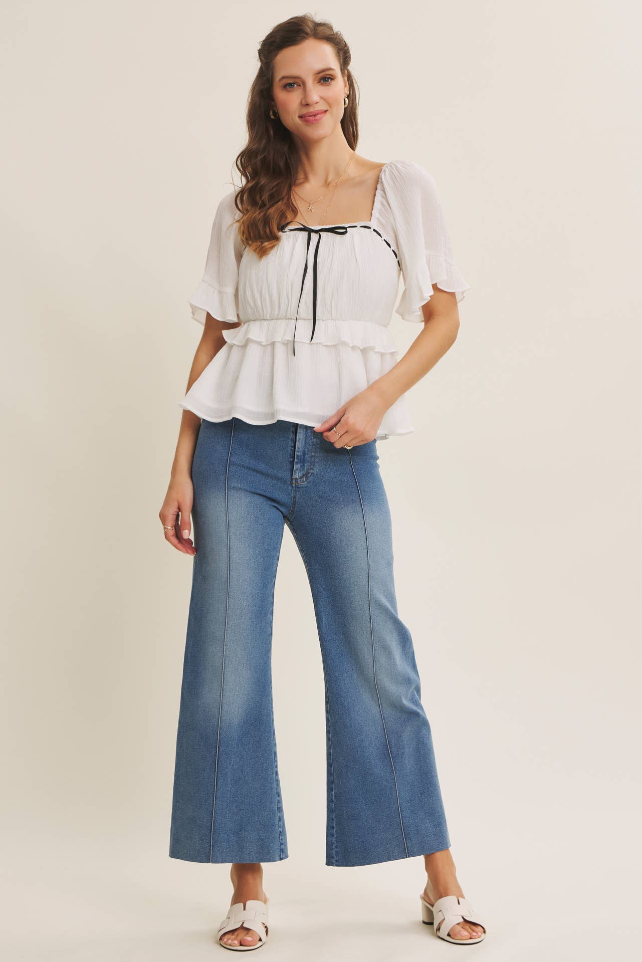 STRETCHY PINTUCK ANKLE LENGTH WIDE-LEG DENIM PANTS