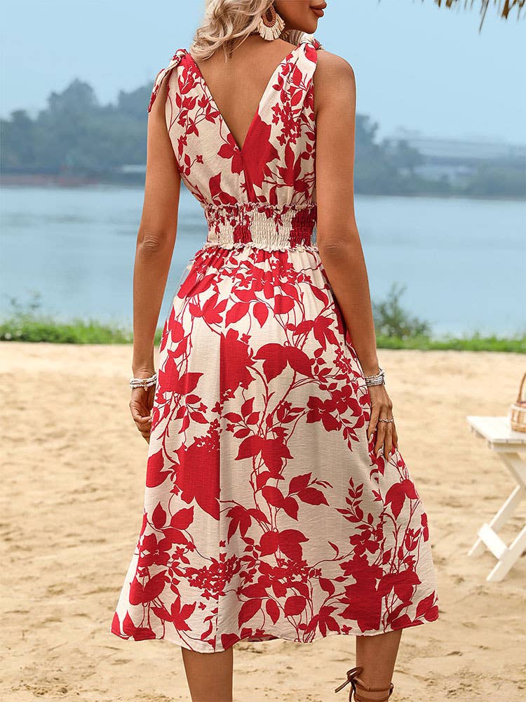 Red Floral V-Neck Midi Dress with Smocked Waist