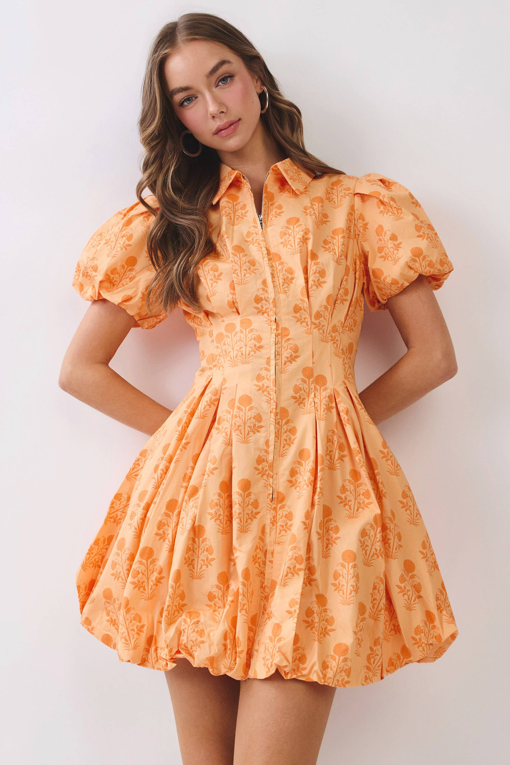 CD07052-Floral Print Puff Sleeve Bubble Hem Mini Dress