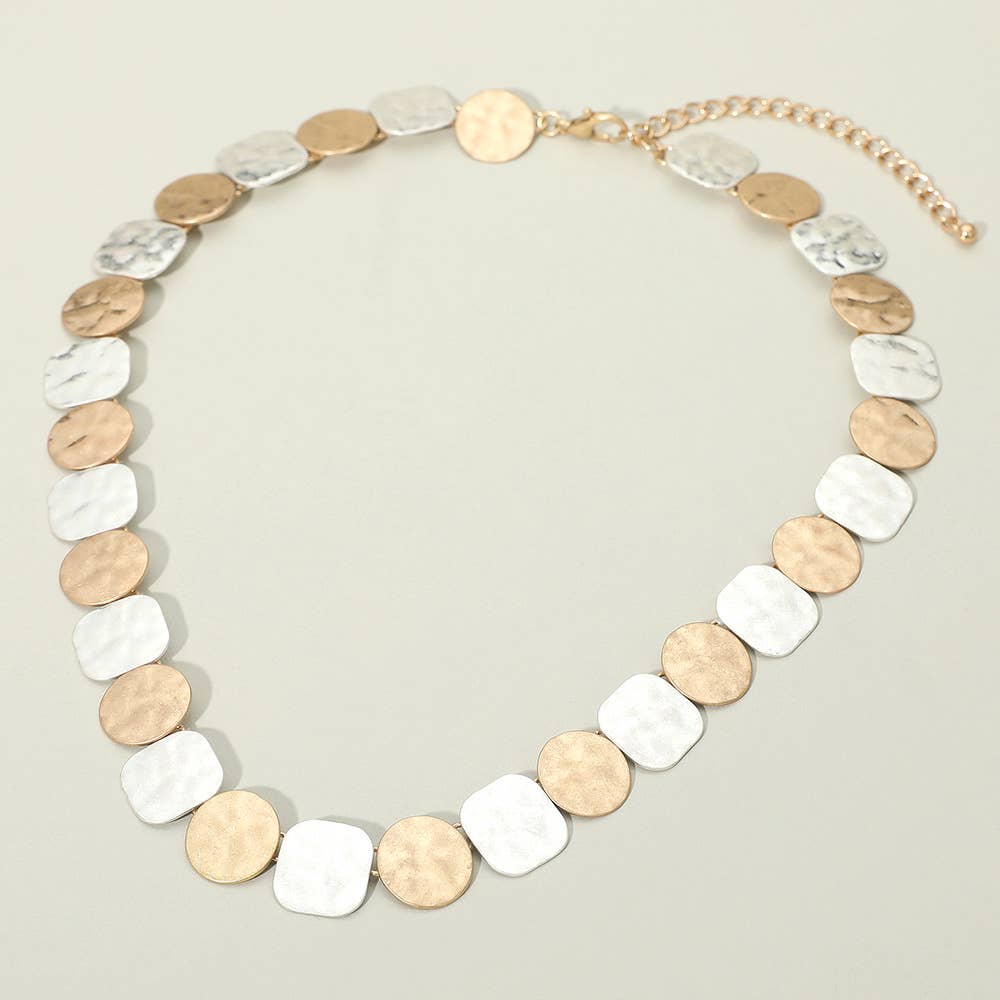 Hammered Metal Round Square Disc Link Necklace
