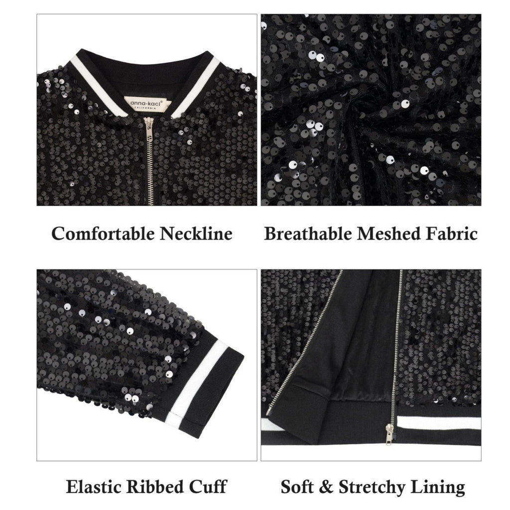 Game Day Sequin Bomber Jacket with Ribbed Trim and Front Zip
