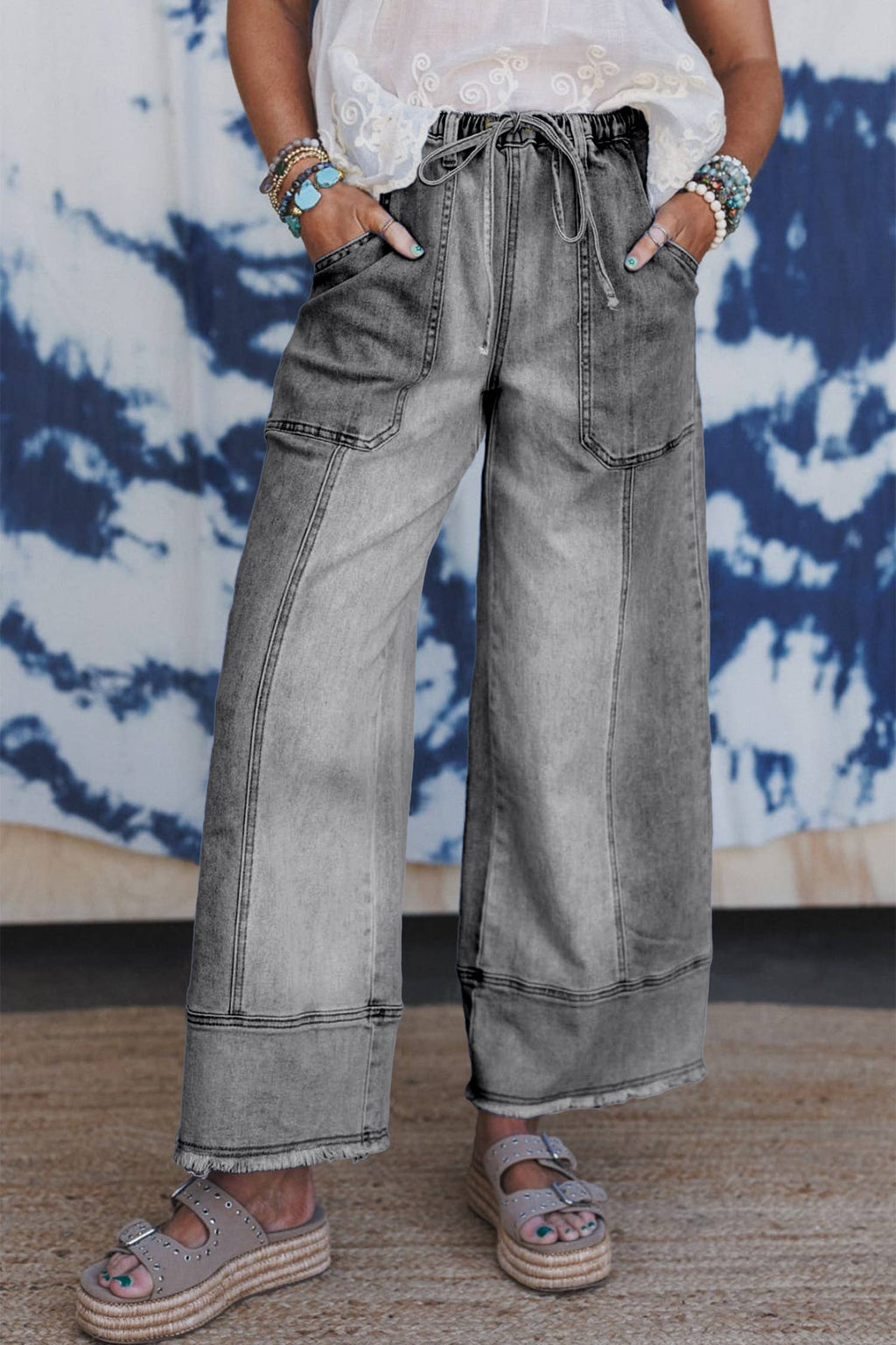 LDC Drawstring Seam Detail Raw Hem Wide Leg Denim Pants
