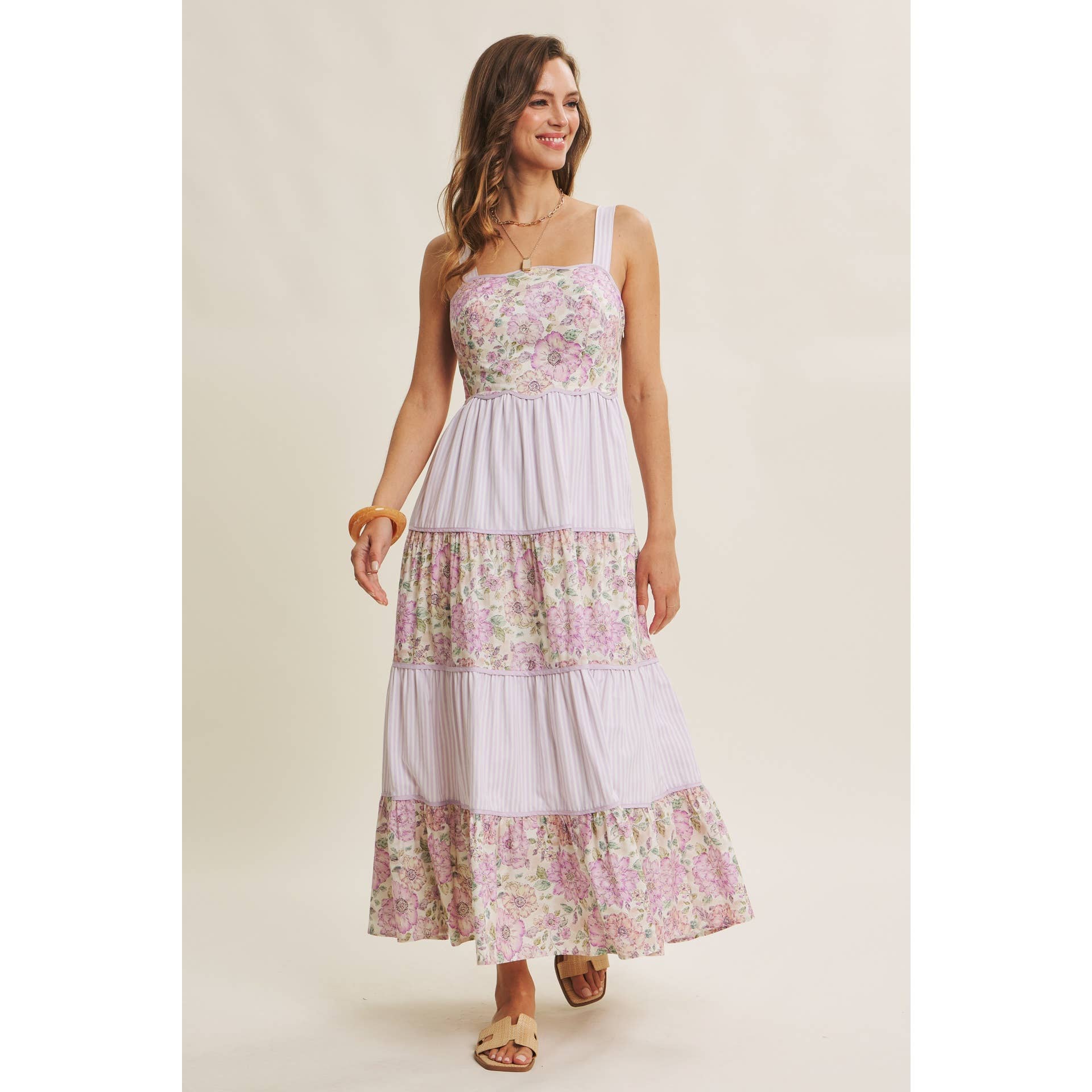 DREAMY IDEAL TIERED MIDI DRESS MIXED IN FLORALS AND STRIPES