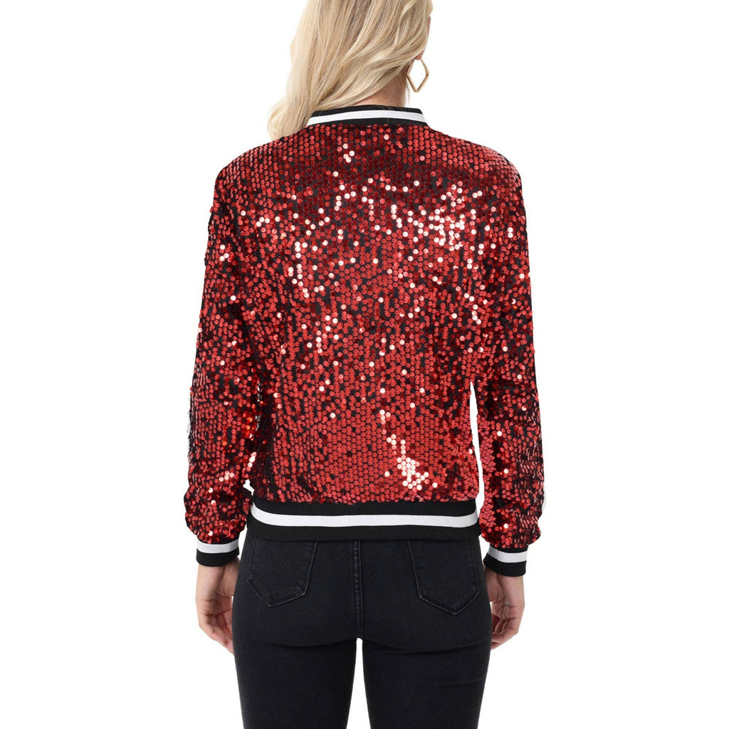 Game Day Sequin Bomber Jacket with Ribbed Trim and Front Zip