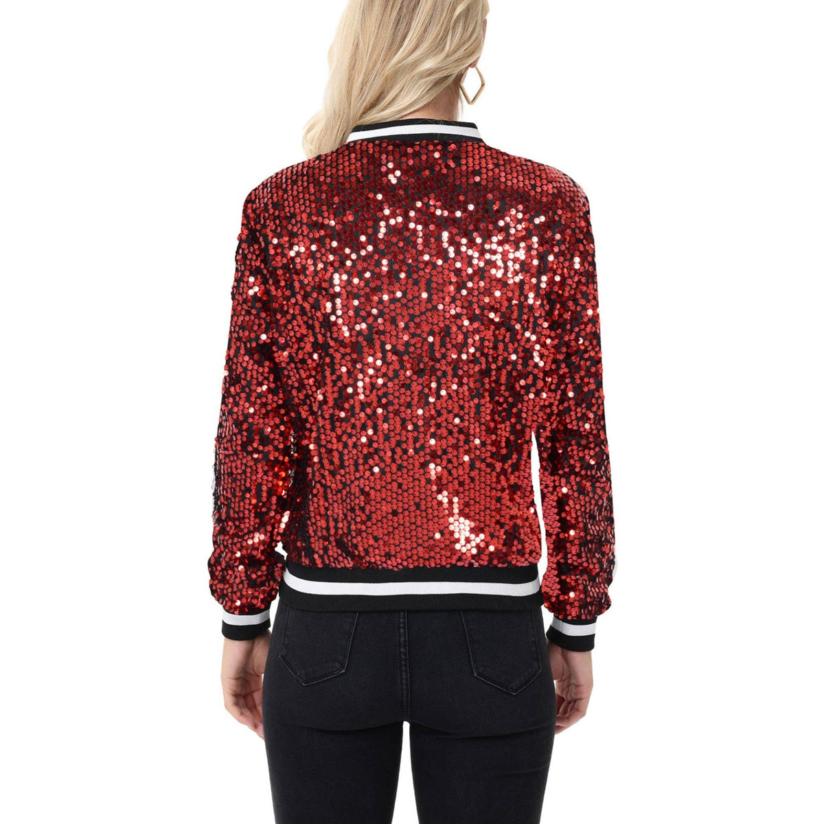 Game Day Sequin Bomber Jacket with Ribbed Trim and Front Zip