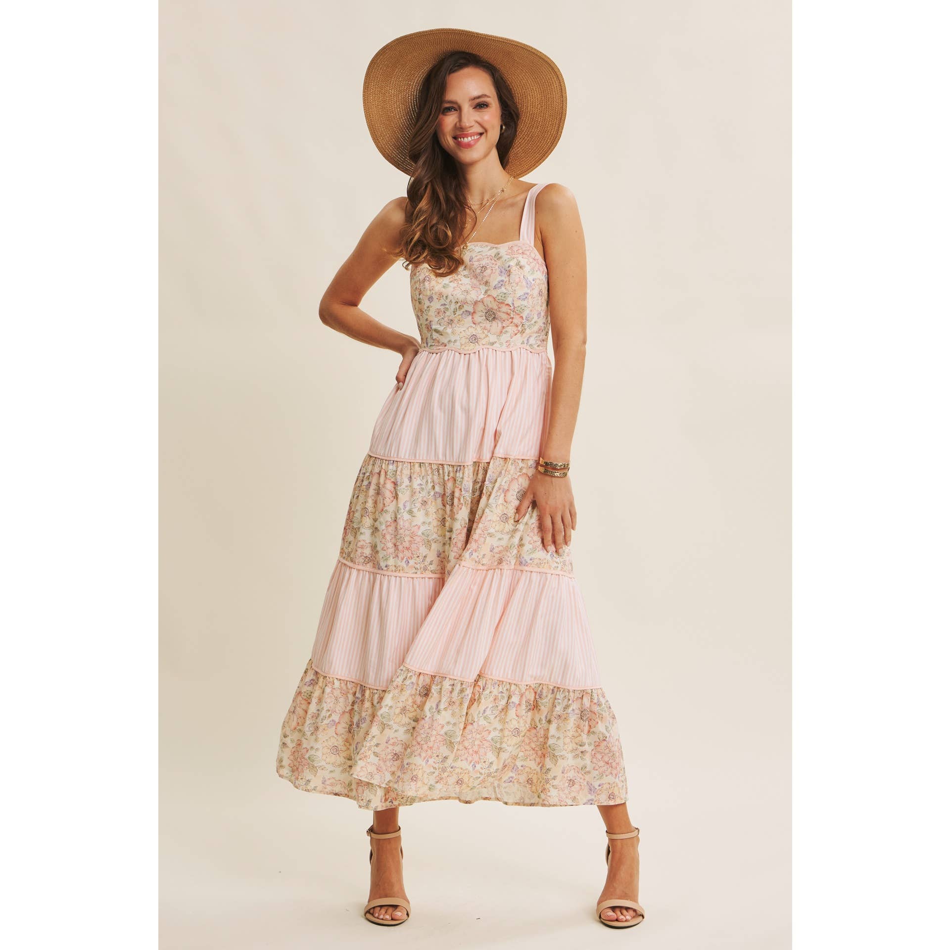 DREAMY IDEAL TIERED MIDI DRESS MIXED IN FLORALS AND STRIPES