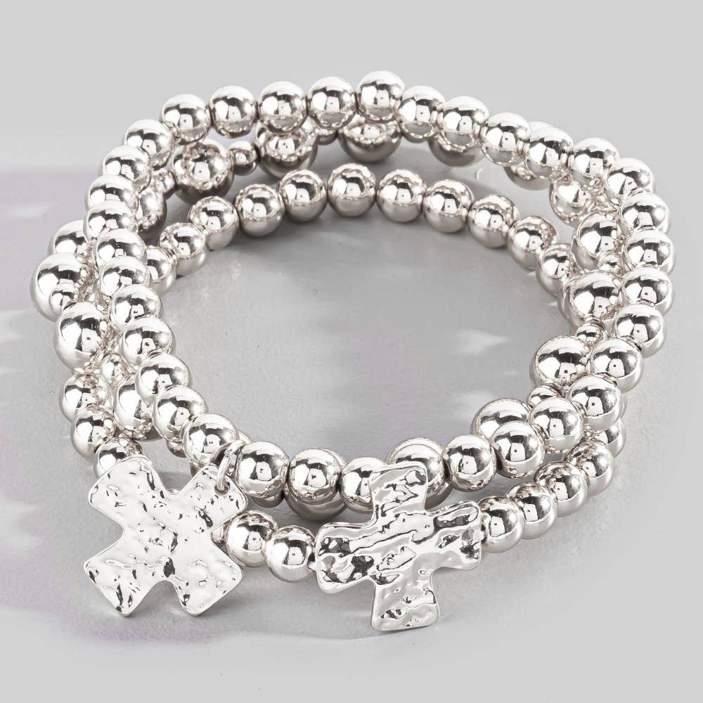 Hammered Cross Charm Metallic Beaded Bracelet Set