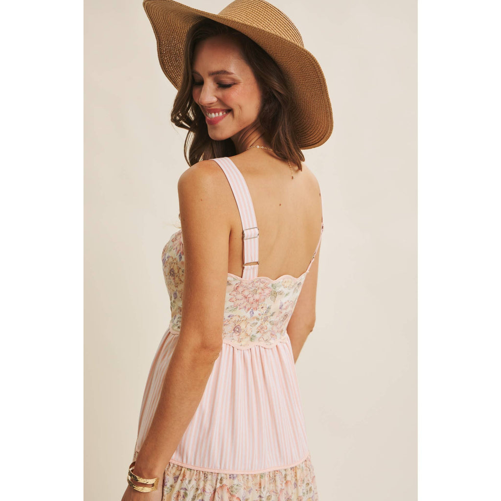 DREAMY IDEAL TIERED MIDI DRESS MIXED IN FLORALS AND STRIPES