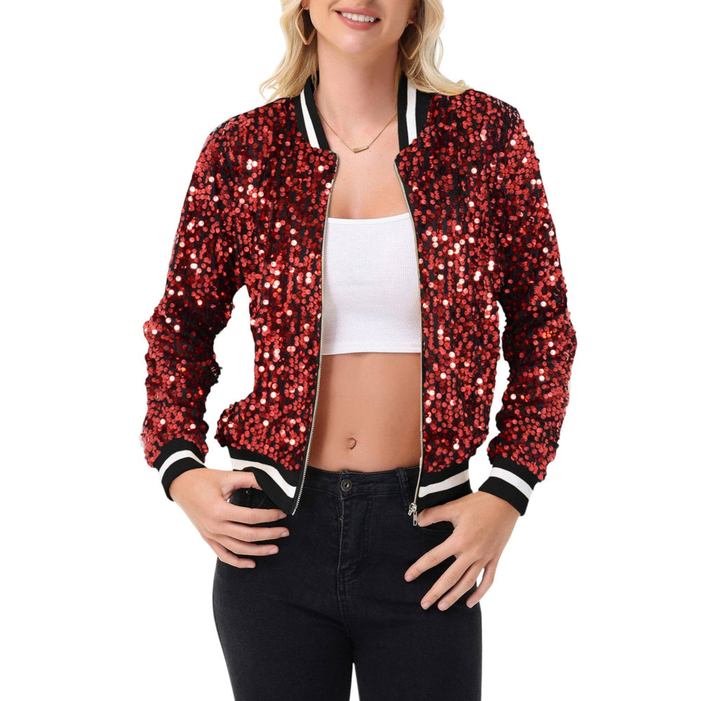 Game Day Sequin Bomber Jacket with Ribbed Trim and Front Zip