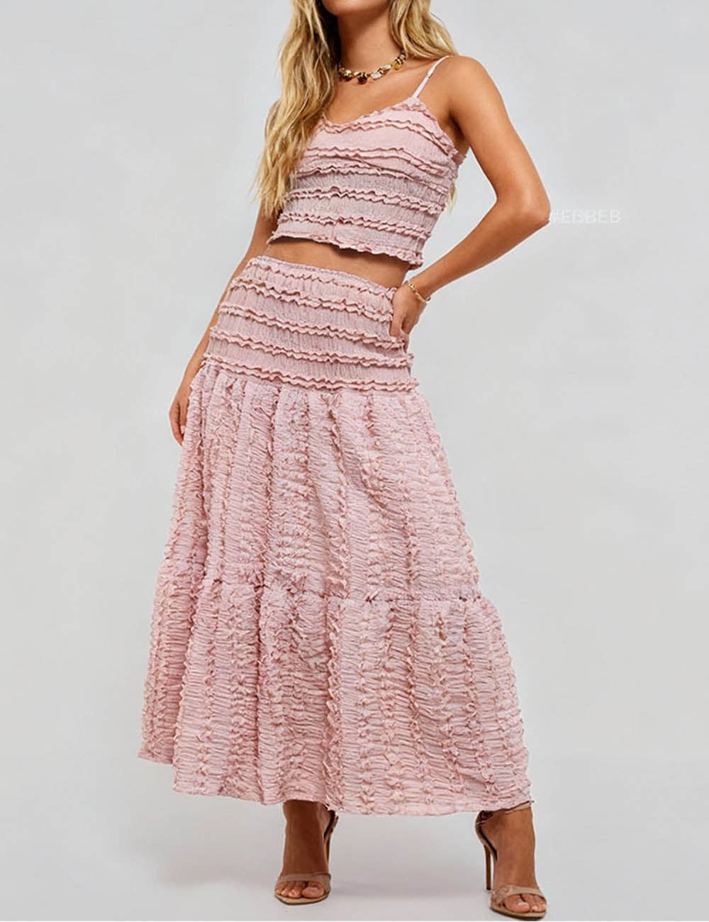Ladies Romantic Wrinkle Ruffle Cami Top & Tiered Maxi Skirt Set