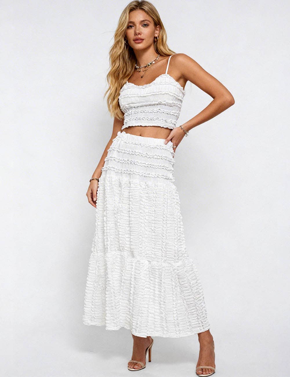 Ladies Romantic Wrinkle Ruffle Cami Top & Tiered Maxi Skirt Set: Apricot / M
