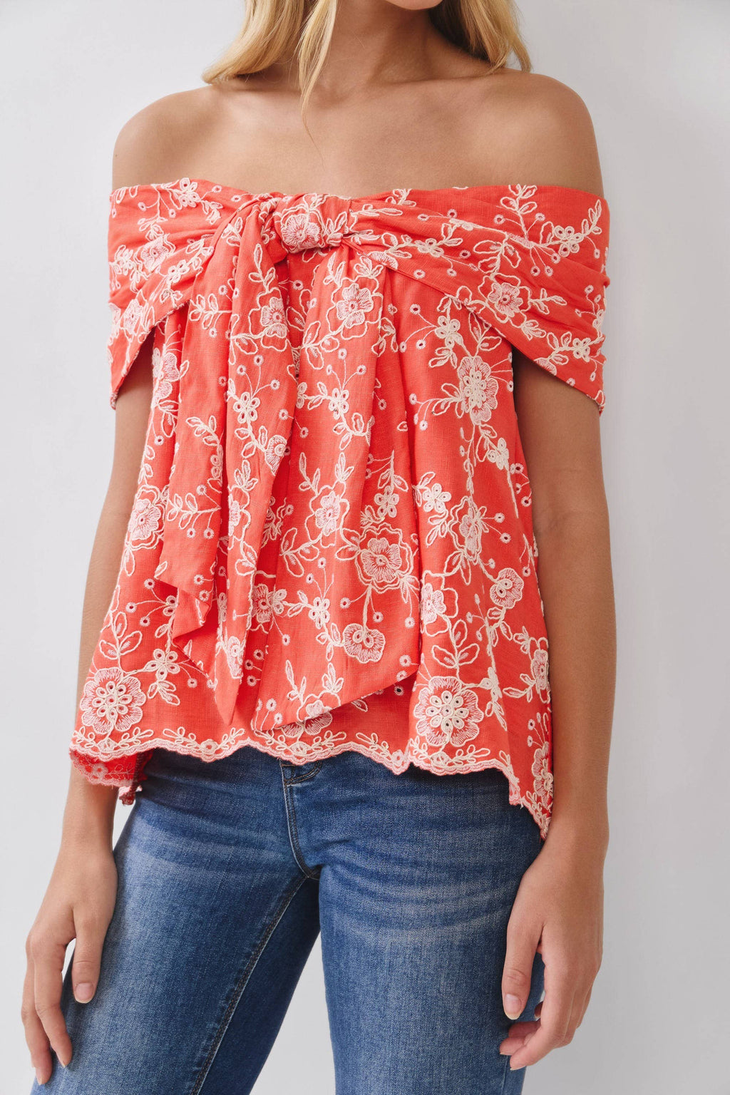 CT10126-Embroidered Foldover Off Shoulder Top