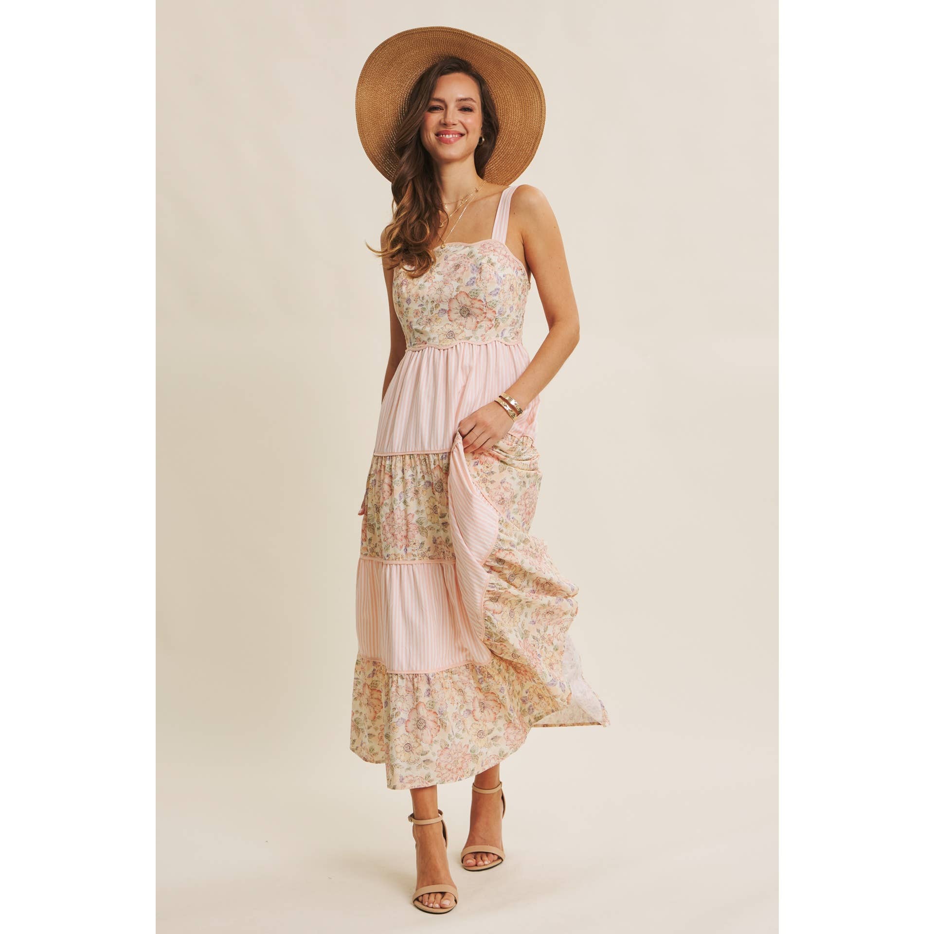 DREAMY IDEAL TIERED MIDI DRESS MIXED IN FLORALS AND STRIPES