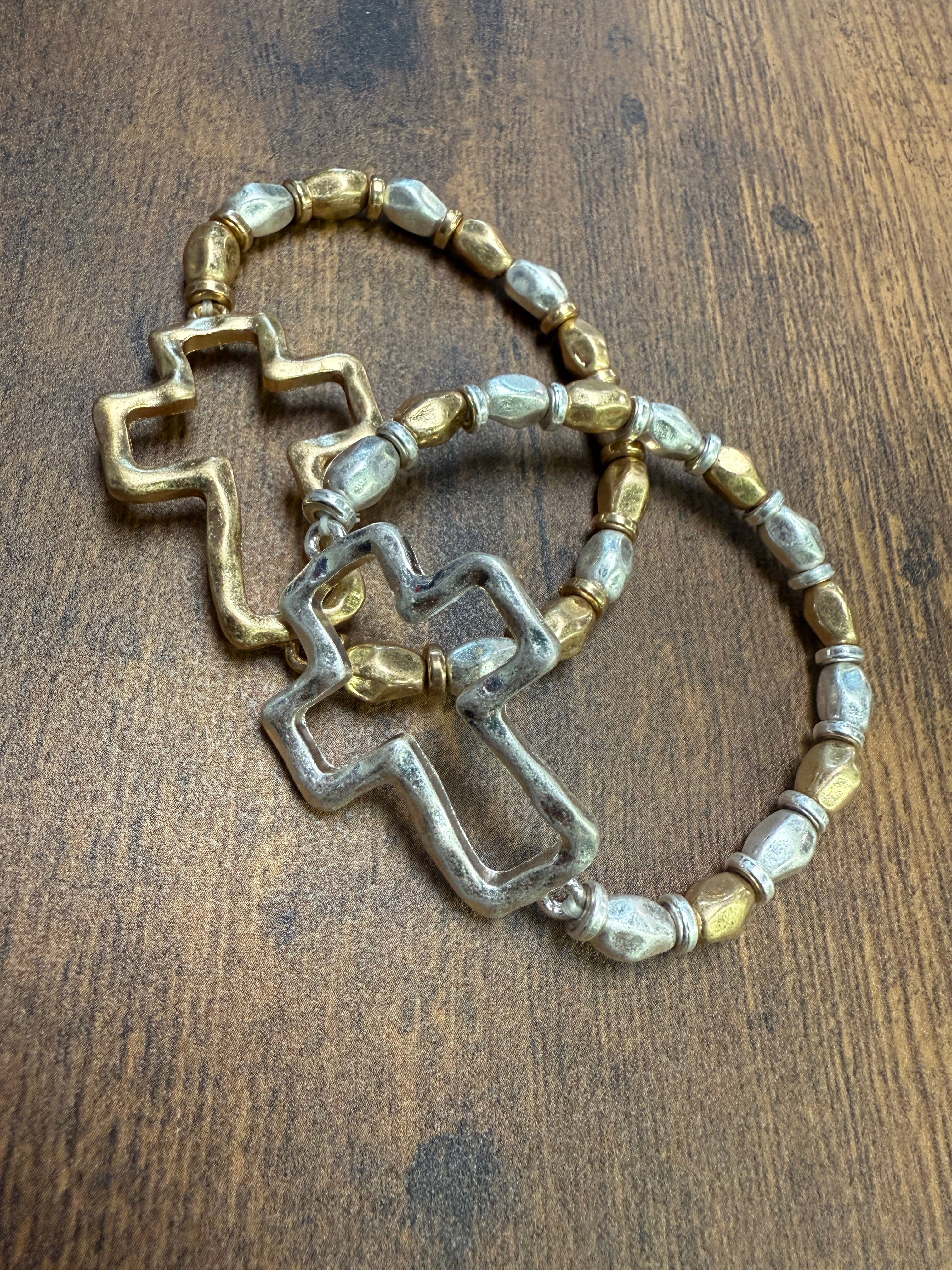 Gold or Silver Hammered Cross Mixed Metal Stretch Bracelet