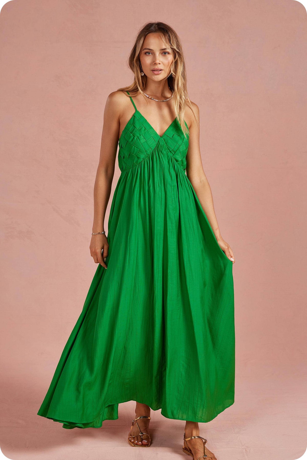 Woven Lattice Bodice Sleeveless Maxi Dress