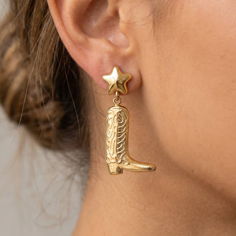Gold Dipped Western Star And Cowboy Boot Drop Earrings