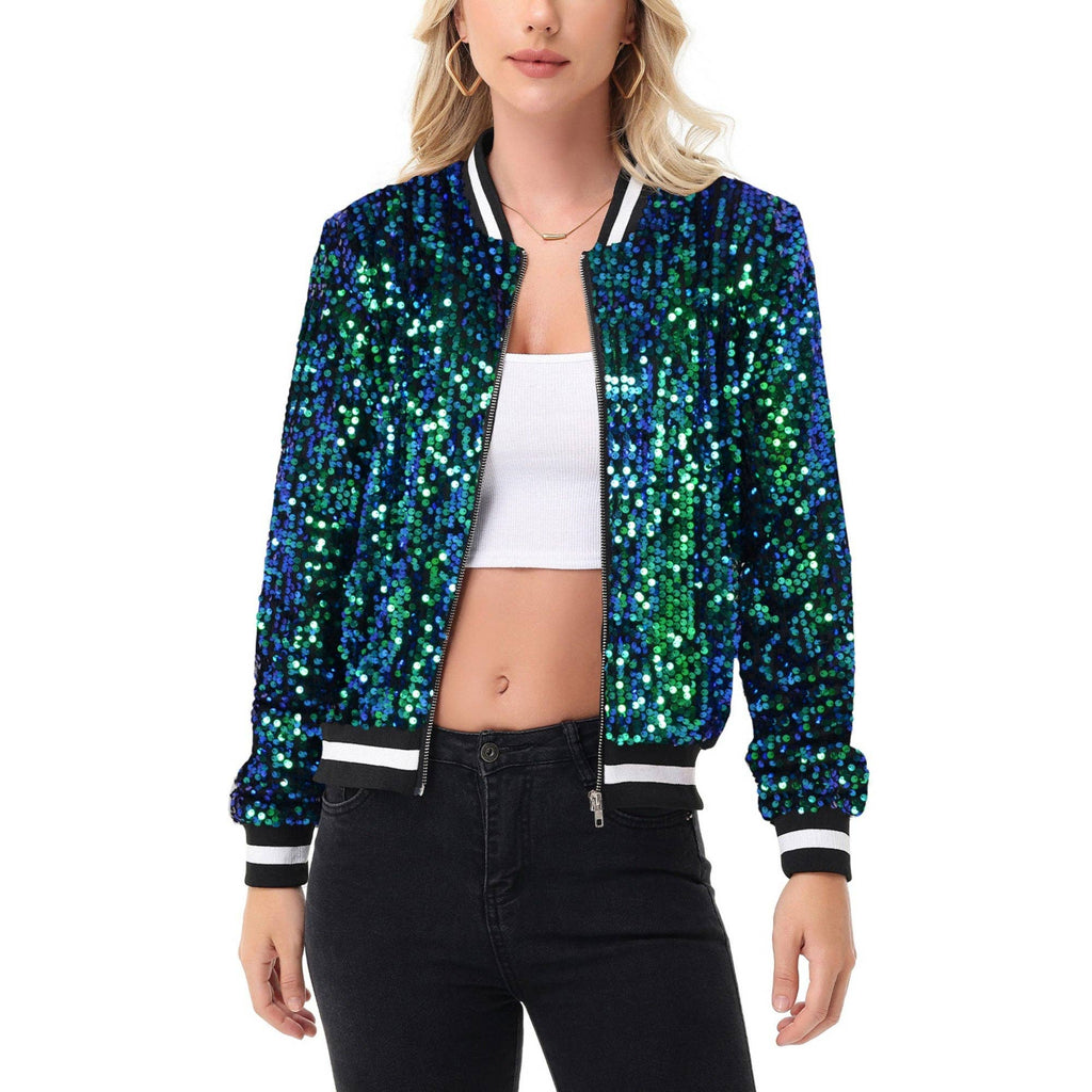 Game Day Sequin Bomber Jacket with Ribbed Trim and Front Zip