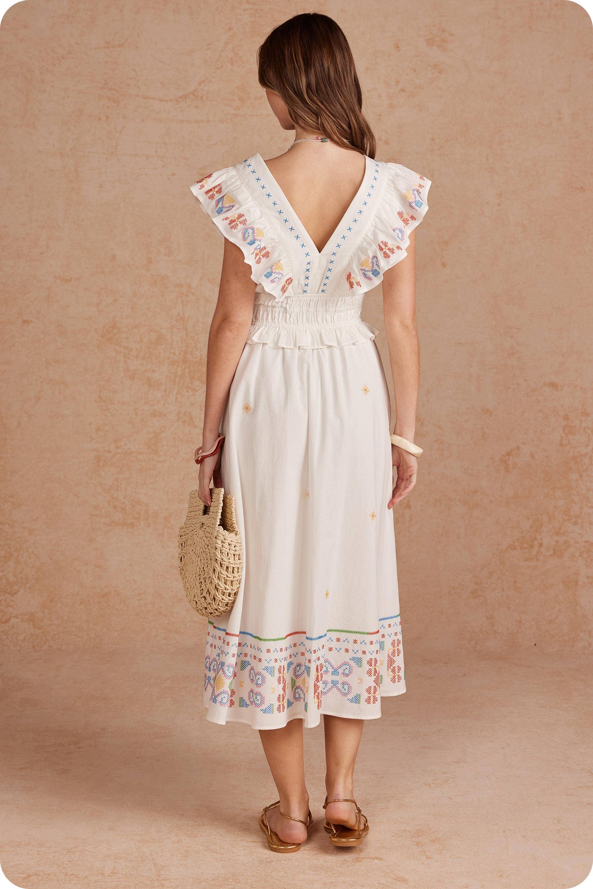 Cross-Stitch Embroidered Flutter Sleeve Midi Dress
