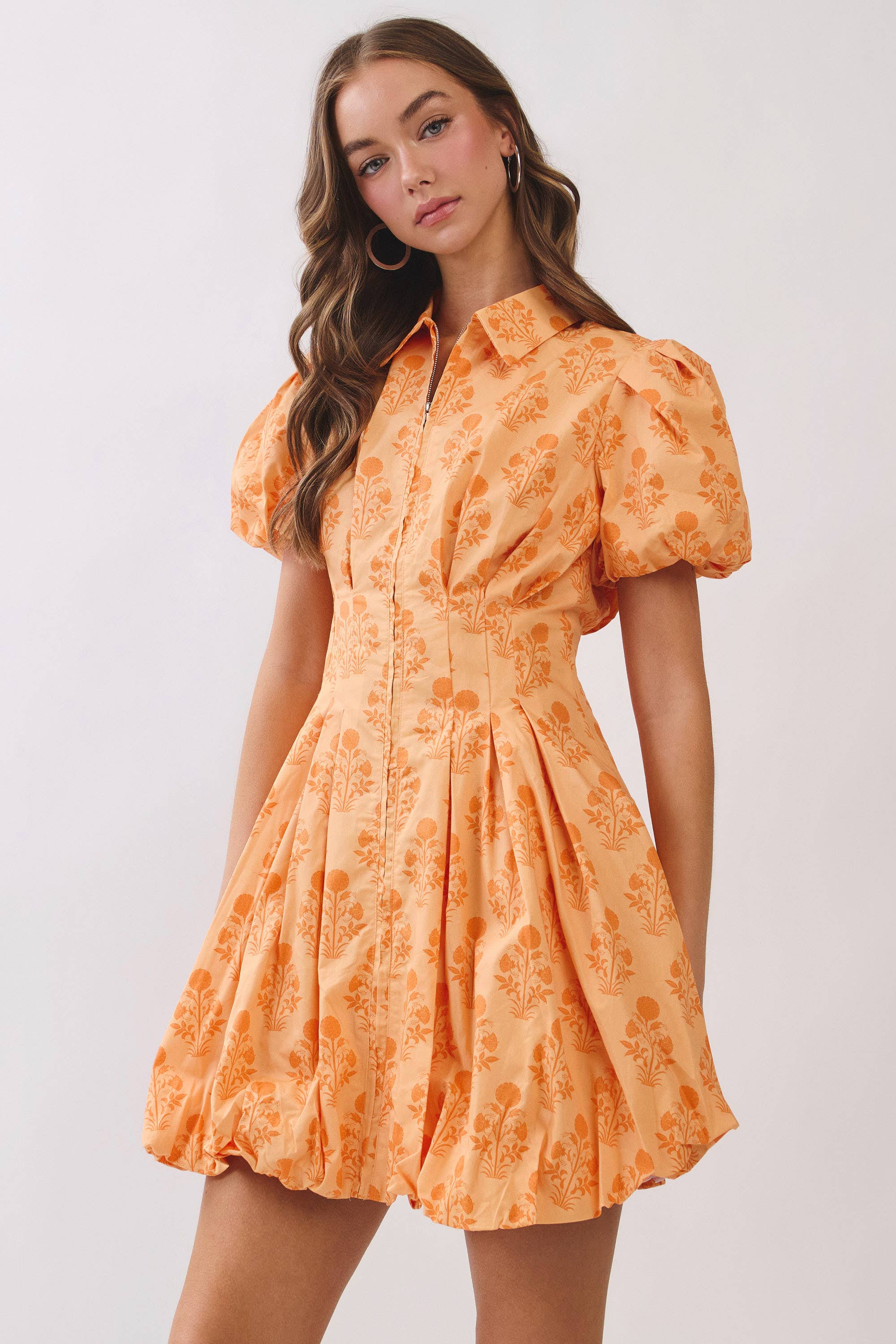 CD07052-Floral Print Puff Sleeve Bubble Hem Mini Dress