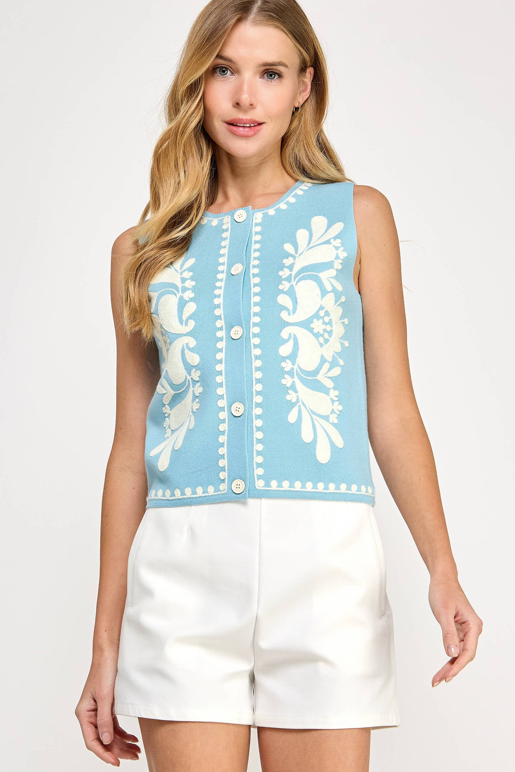 Embroidered Sleeveless Knitted Vest Top