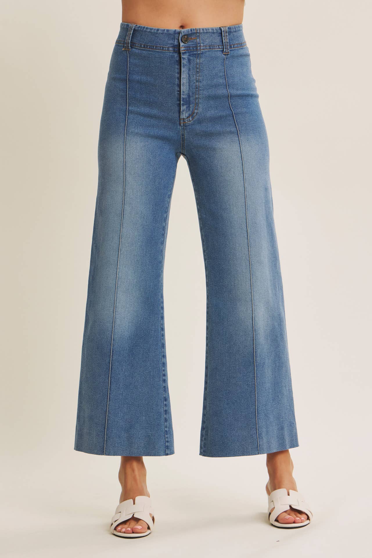 STRETCHY PINTUCK ANKLE LENGTH WIDE-LEG DENIM PANTS