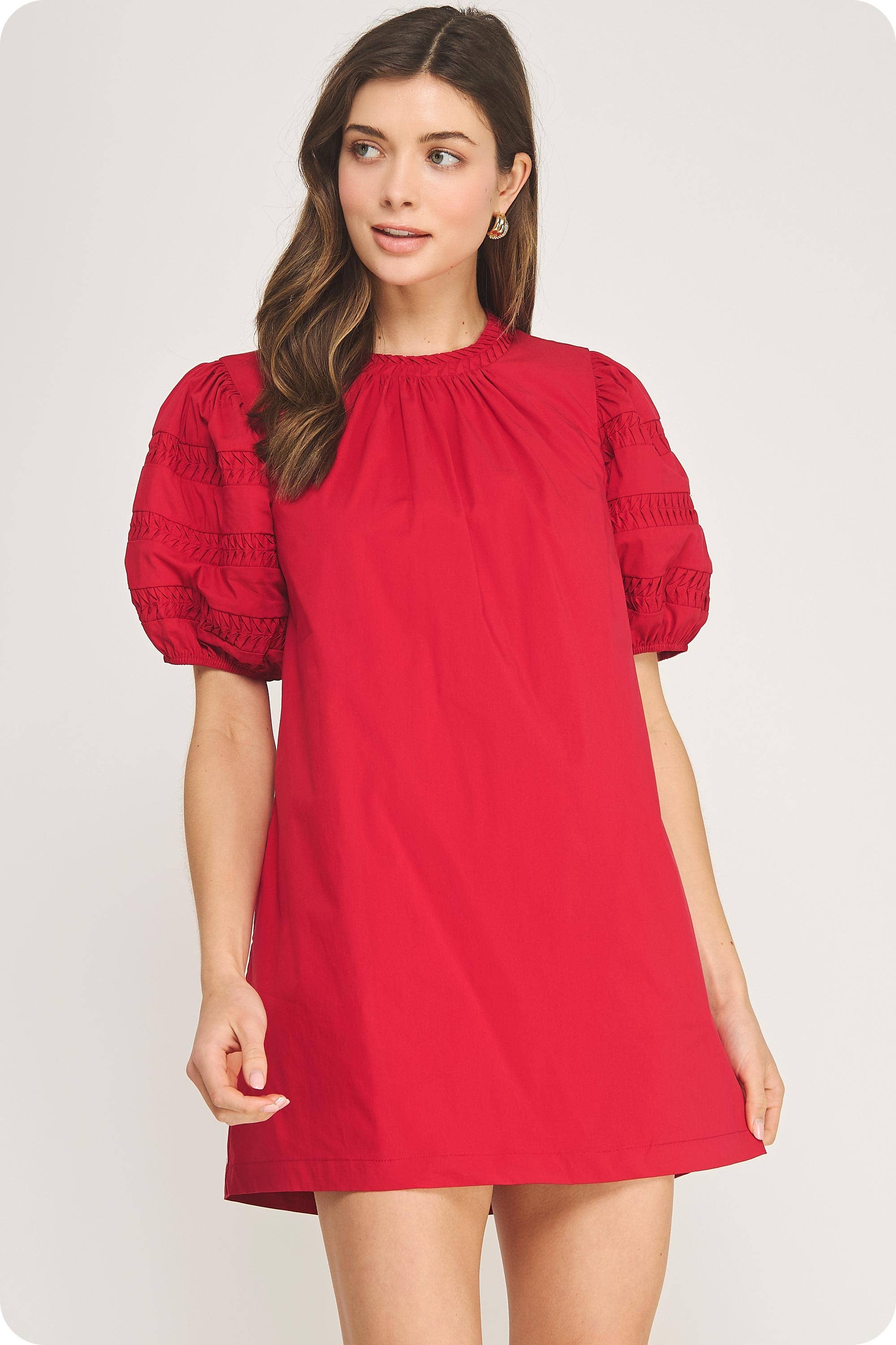 Reverse Pintuck Puff Sleeve Mini Dress