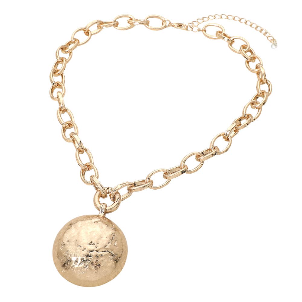 Hammered Metal Dome Disc Pendant Chunky Chain Necklace