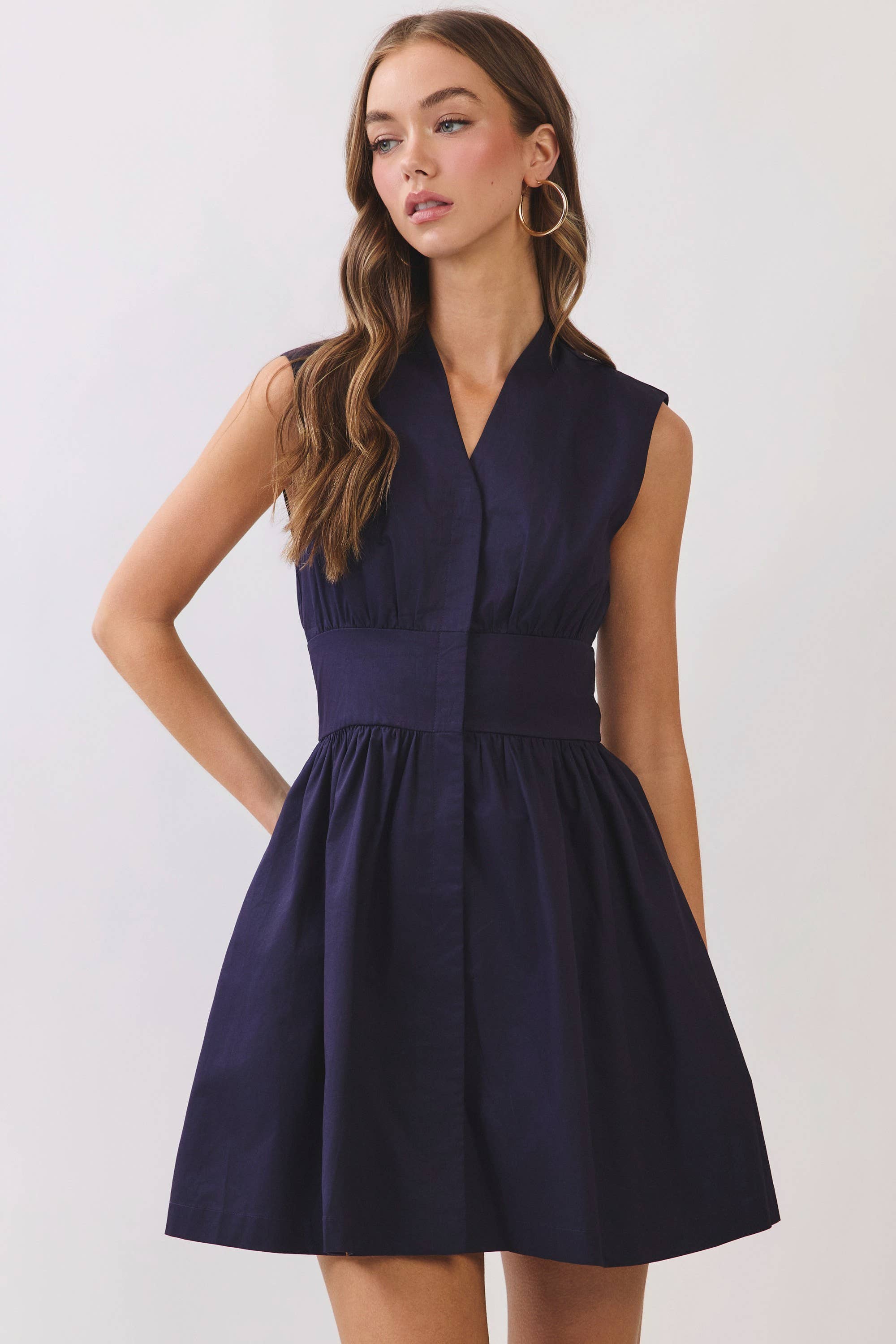 CD07317-Sleeveless Fit & Flare Waist Belt Mini Dress