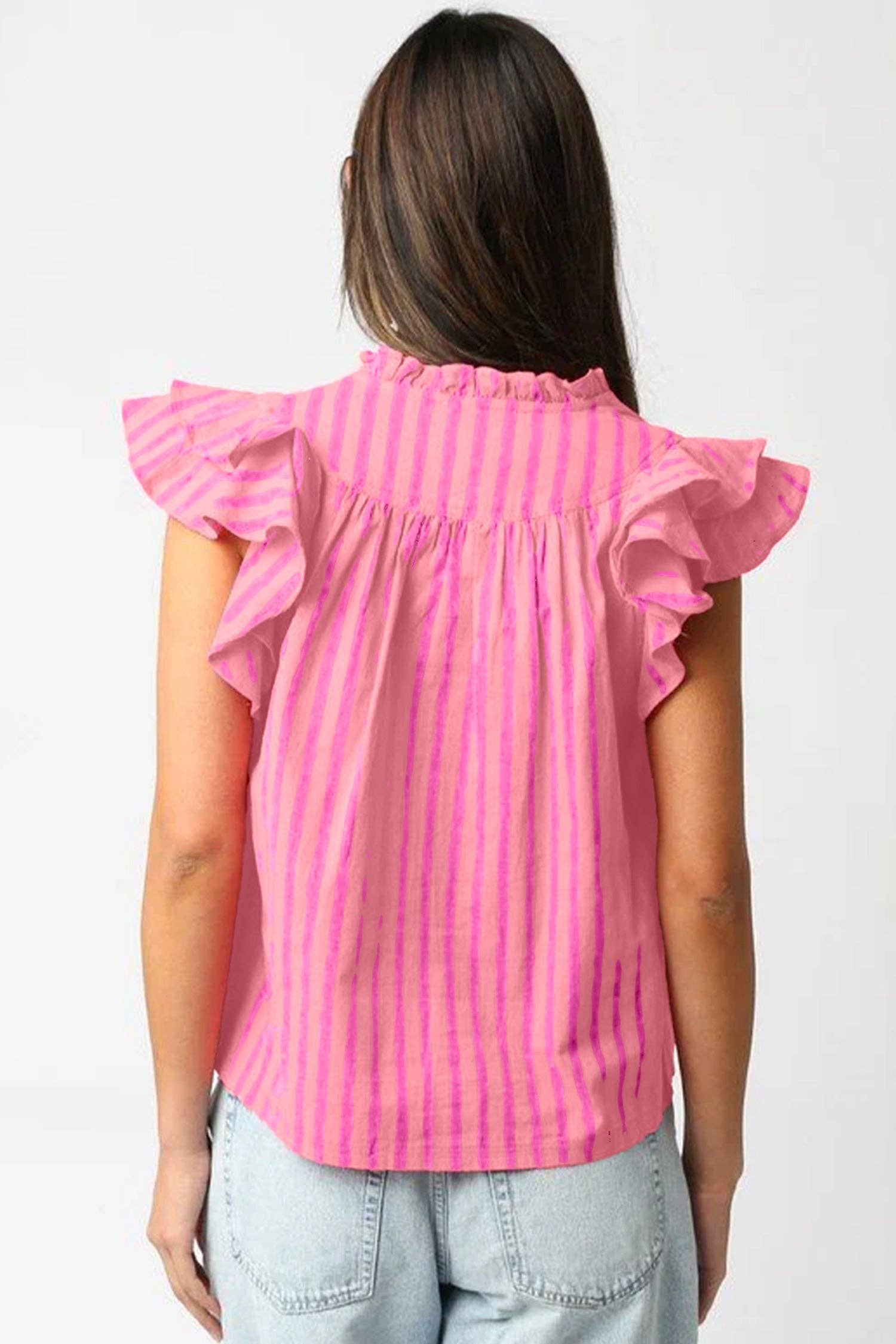 Pink Stripe Ruffle Sleeve Split Neck Summer Blouse