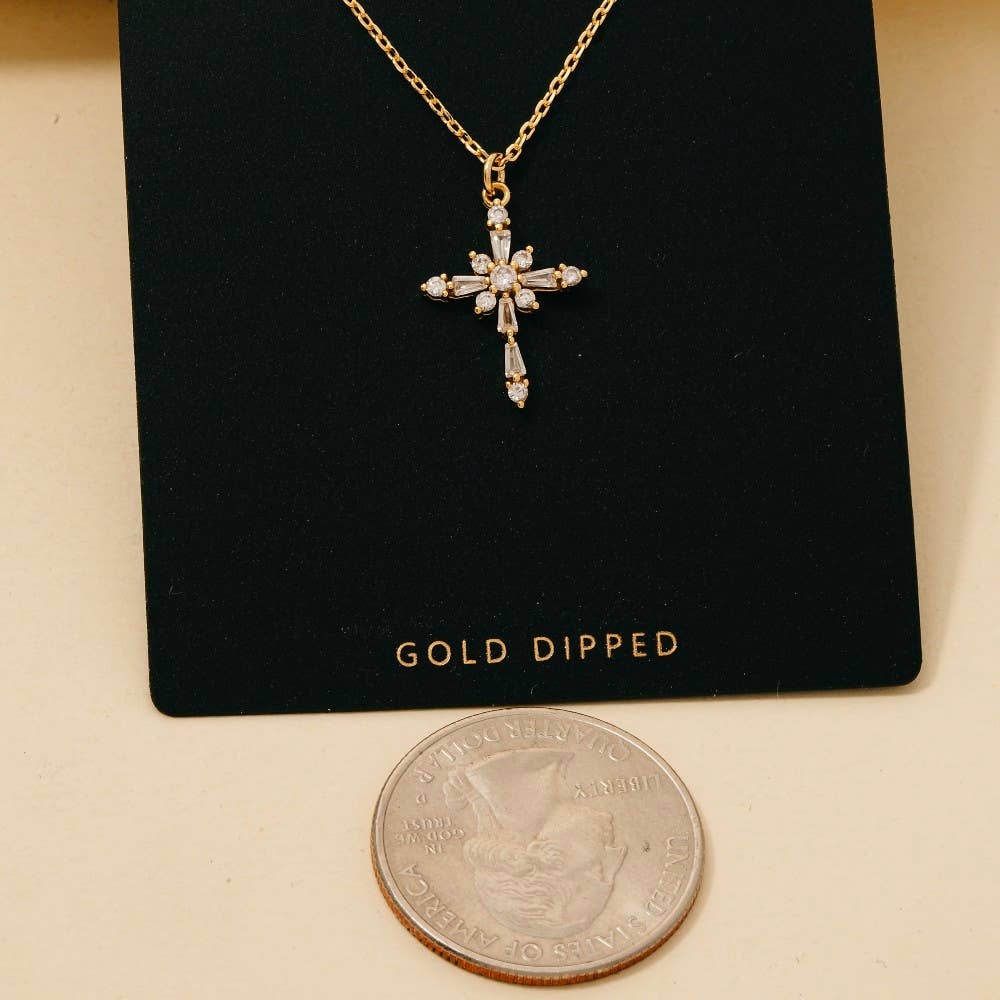 Gold Dipped Intricate Cz Cross Pendant Necklace