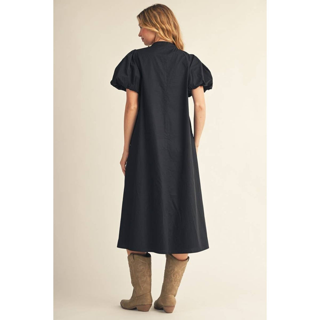 Applique Accent Puff Sleeves Midi Dress
