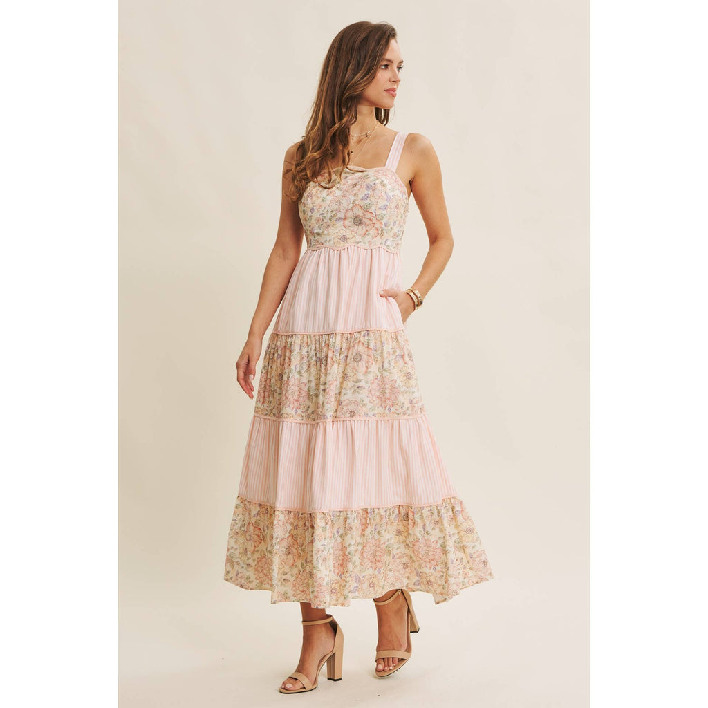 DREAMY IDEAL TIERED MIDI DRESS MIXED IN FLORALS AND STRIPES