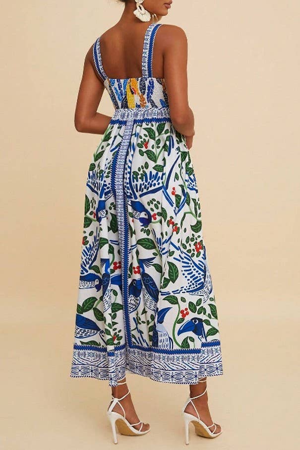 Boho Tropical Birdie Blue floral print strappy flare dress