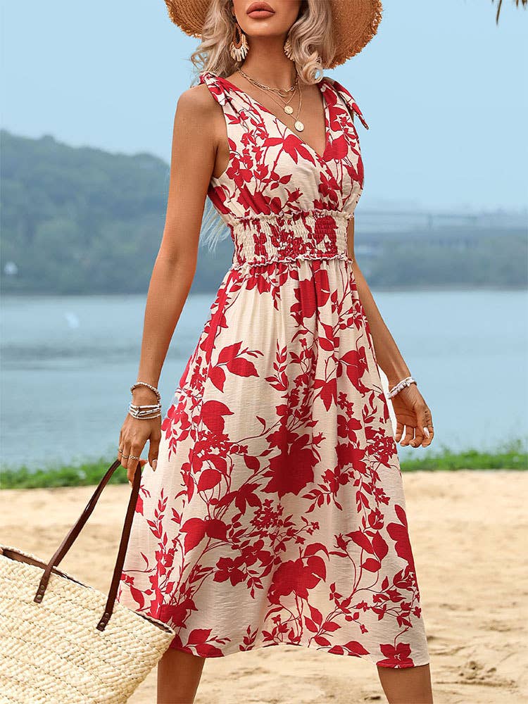 Red Floral V-Neck Midi Dress with Smocked Waist