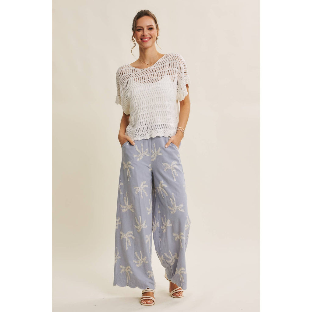 SUN-KISSED RESORT MOOD PALM TREE EMBROIDERED PANTS