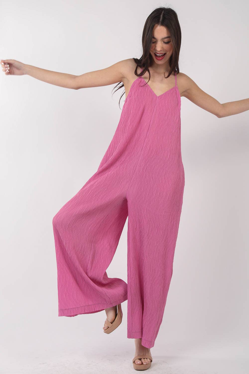 NP70209-Sleeveless Pleated Wide Leg Jumpsuit w/ Pockets