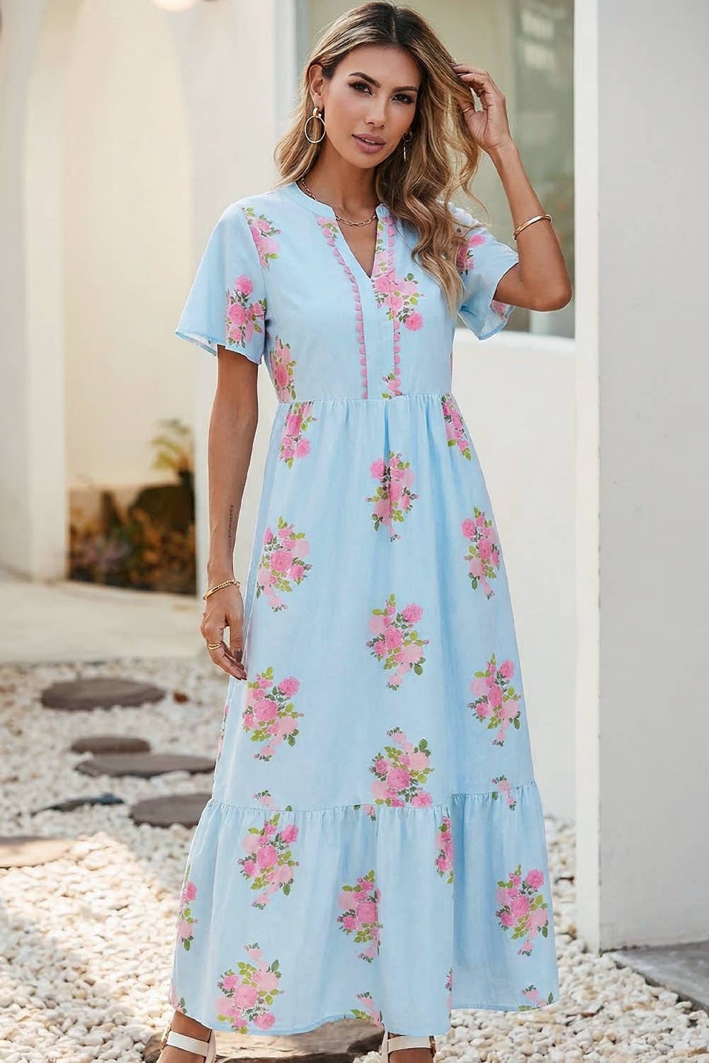 Spring 2026 Floral Ricrac Trim Notched Neck Maxi Dress|S-4X