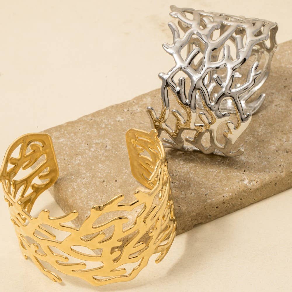 Stainless Steel Coral Pattern Wide Cuff Bracelet