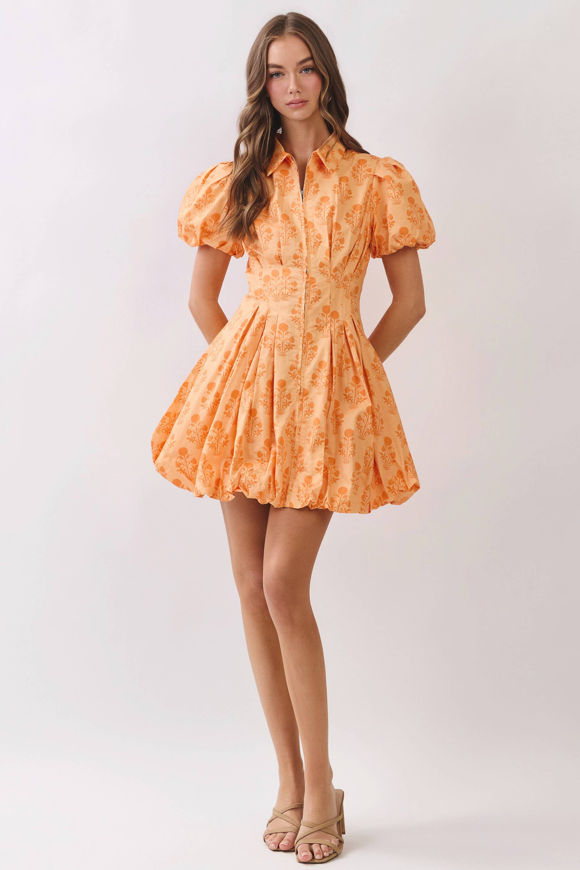 CD07052-Floral Print Puff Sleeve Bubble Hem Mini Dress