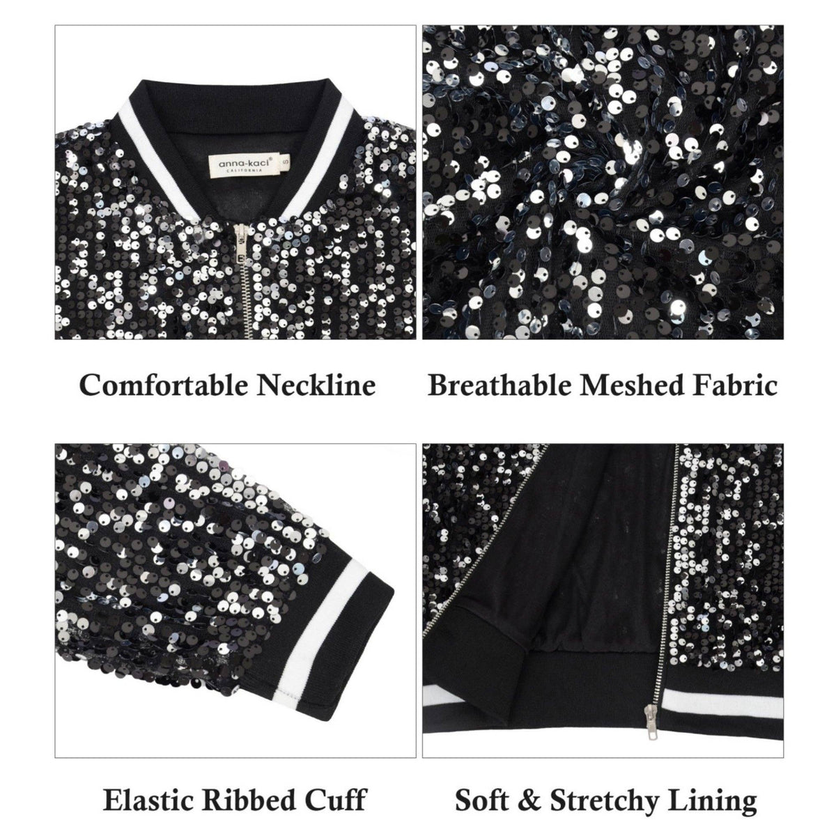 Game Day Sequin Bomber Jacket with Ribbed Trim and Front Zip