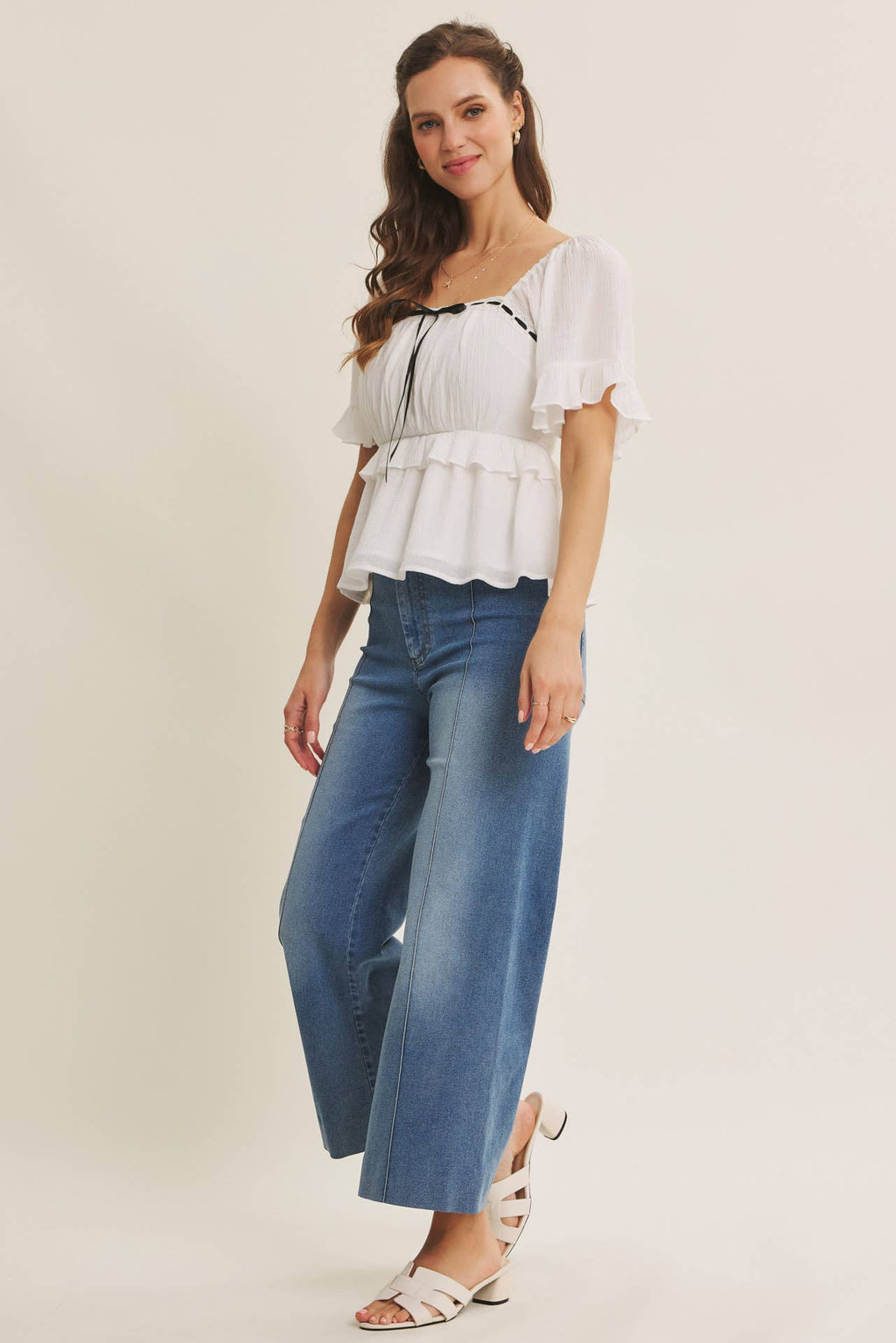 STRETCHY PINTUCK ANKLE LENGTH WIDE-LEG DENIM PANTS
