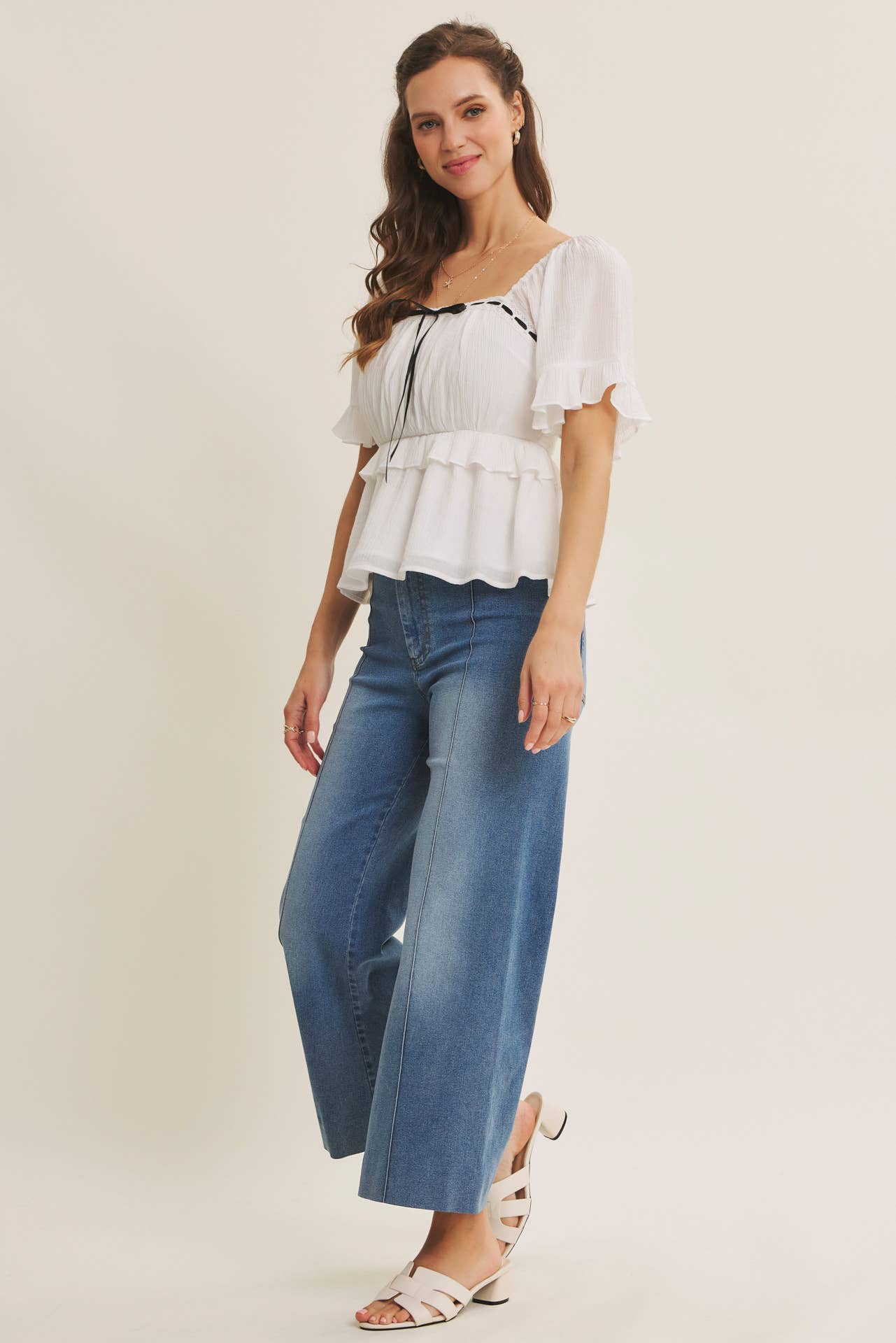 STRETCHY PINTUCK ANKLE LENGTH WIDE-LEG DENIM PANTS